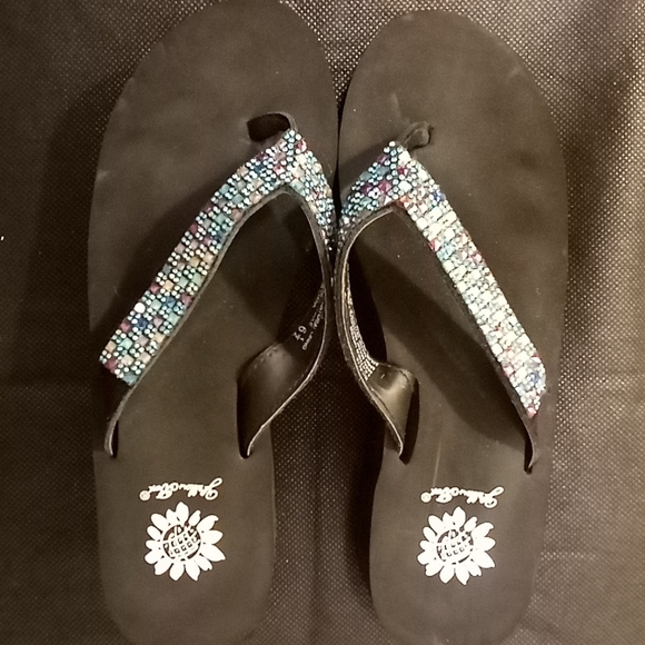 Yellow Box -Wedge Style Sandals, Leather Straps Accented W/ Multi Colored Stones - Picture 7 of 7